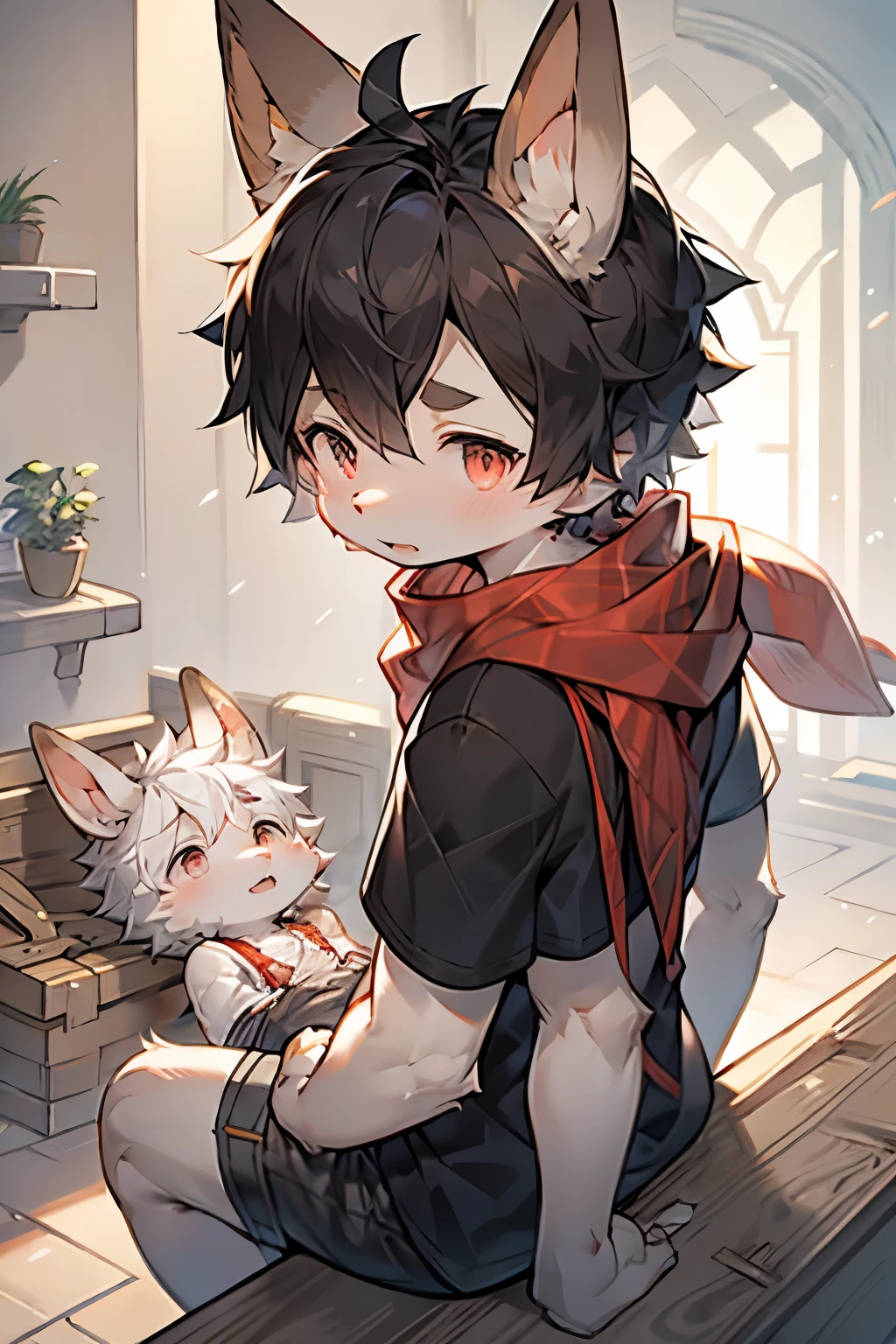 Dwarf Rabbit Boy,Bunny ears,Furry boys,In and chilracteristics,White skin,Gray Arm,Red pupil,scarf,Short sleeve,shorts,