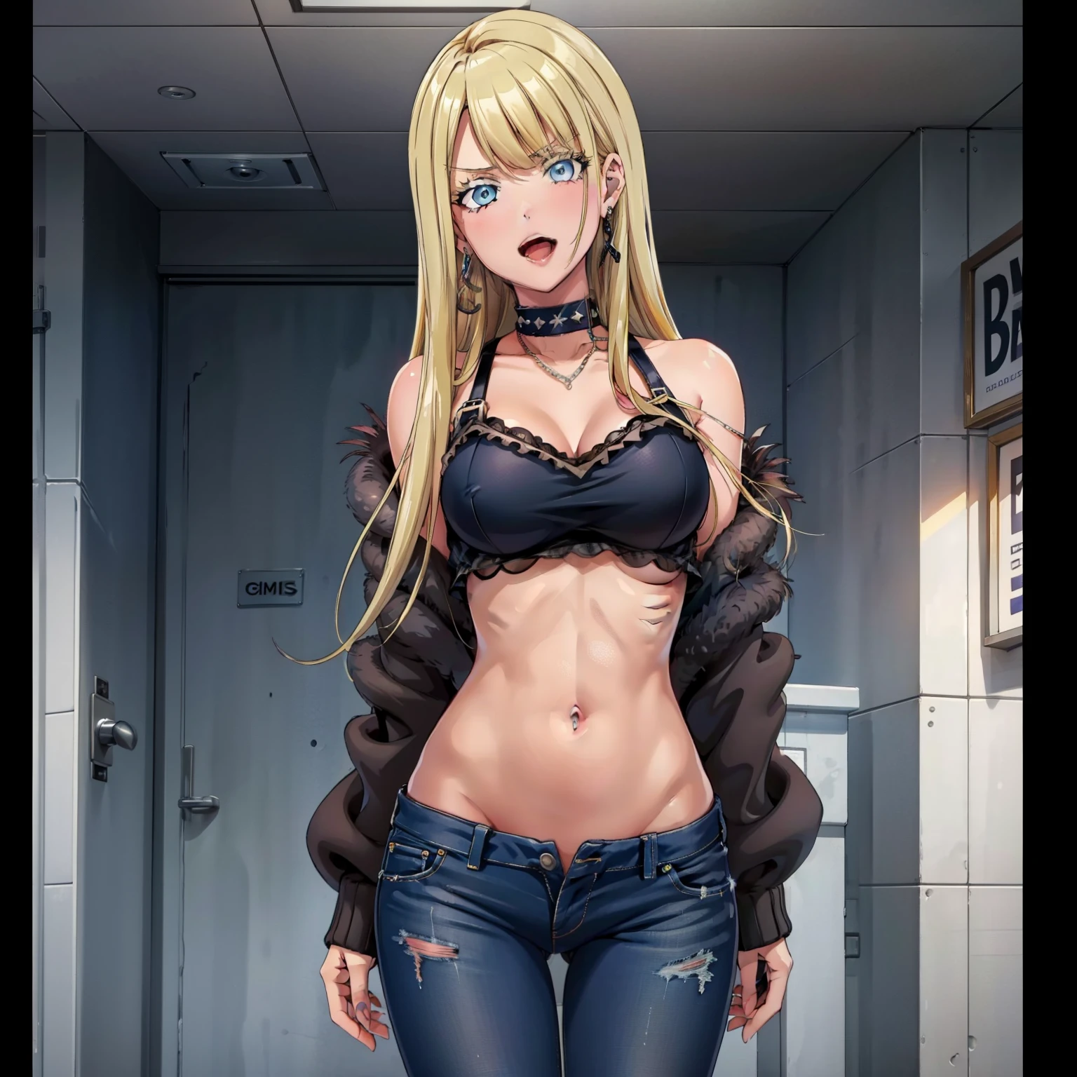 1girl, solo, blonde hair, blue eyes, long hair, large breasts, solo, mall, shopping center,indoors, blush, lipstick, jewelry, earrings, Hot girl, baddie, mean girl, sensual, attractive, masterpiece,high quality,4k, bare shoulder,belly,crop top,holding pistol,cleavage,casual dress, bar background, inside bar, indoor,smile, open mouth, (nsfw) not safe for work, evil expression, exposed belly, exposed navel, exposed midriff, exposed lower belly, crop top overhang, underboob,jacket, unbuttoned jeans , low rise black jeans, Low rise jeans, Low rise jeans with open fly, navel piercing