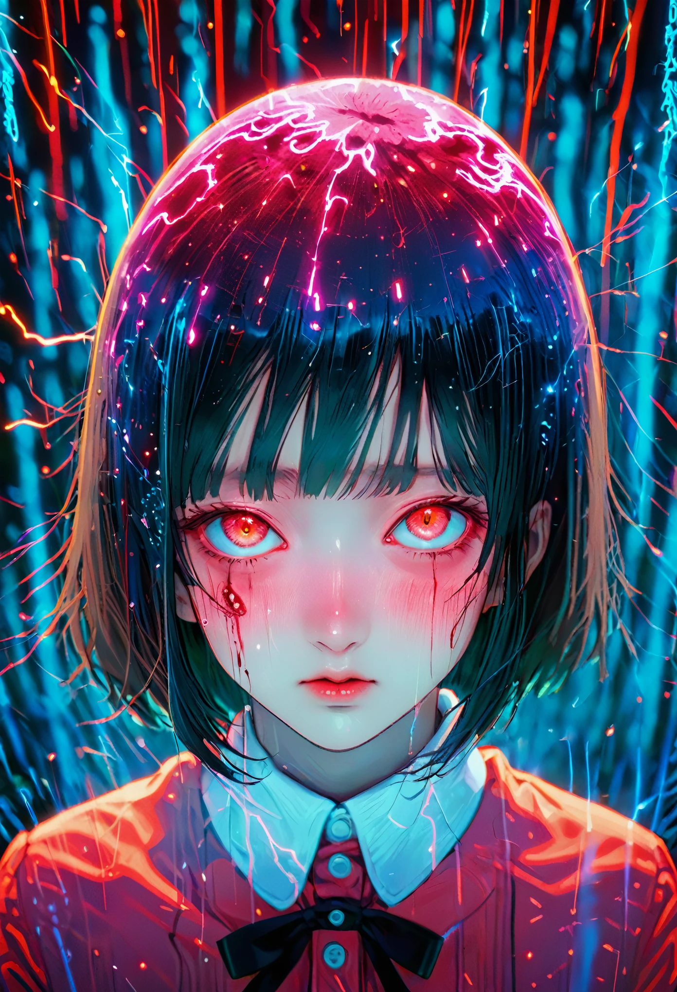 surreal horror, anime style, directed by Junji Ito, high contrast, vivid colors, eerie atmosphere, psychological tension, intricate line work, decapitated heads