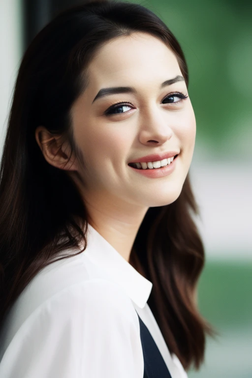 1girl, quite a bit body, Realistic photograph best quality portrait of a beautiful gorgeous young cute Asian woman, 21yo., looking at viewer, detailed face, Realistic texture human skin, very beauty long and slender bright glowing face, droopy hooded eyes, wavy nose, full wide lips, close lips wided smile, wind tousled ponytail, studio portrait, (((young Marion Cotillard  blended face mixed with young Anne Hathaway))), wearing white wuxia clothing, hand up to swing up hair, flirting smiling portrayal, ethereal girl, intimate lighting sturdy, real photo, brown eyes, best quality, masterpiece, Leica SL3, Summicron-SL 75mm ASPH, F/1.8, (cinematic still:1.2), Film Never Die Kiro 400 film, bokeh, rim lighting, silhouette, shallowed depth of field, 