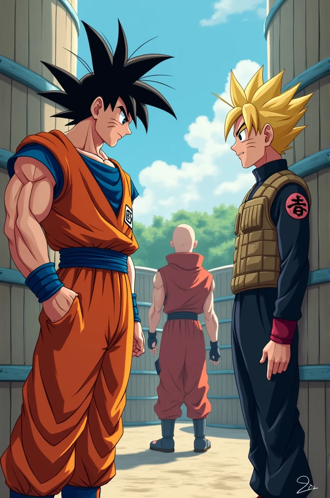 Goku talking to Naruto ,Saitama and the barrels