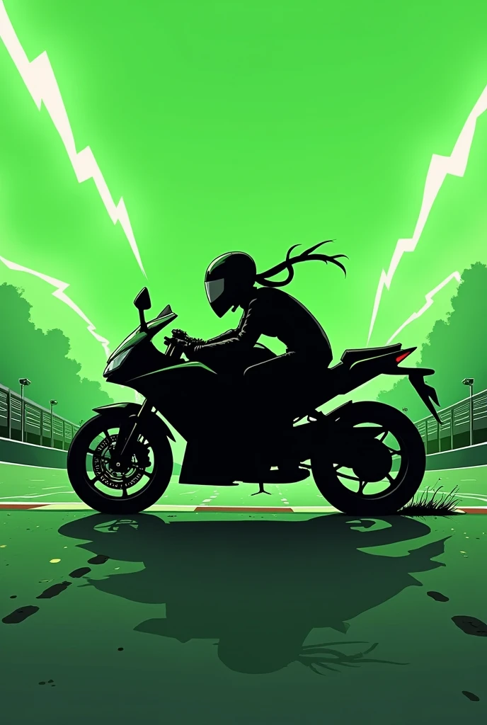  The black silhouette of the green lightning bolt in the shape of a Kawasaki Ninja 300 motorcycle with a displacement of, falling on the track, The bike is in profile and under the surface it says "Green ray" "You don&#39;t need wings to fly" in Spanish, It's a cartoon and eye-catching 