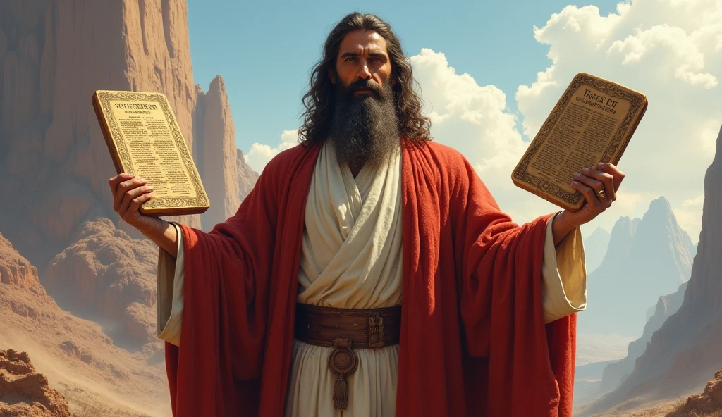 Moses holding the tablets of the Ten Commandments, with an expression of authority. The background is a mountainous landscape, symbolizing the gravity of the teachings.