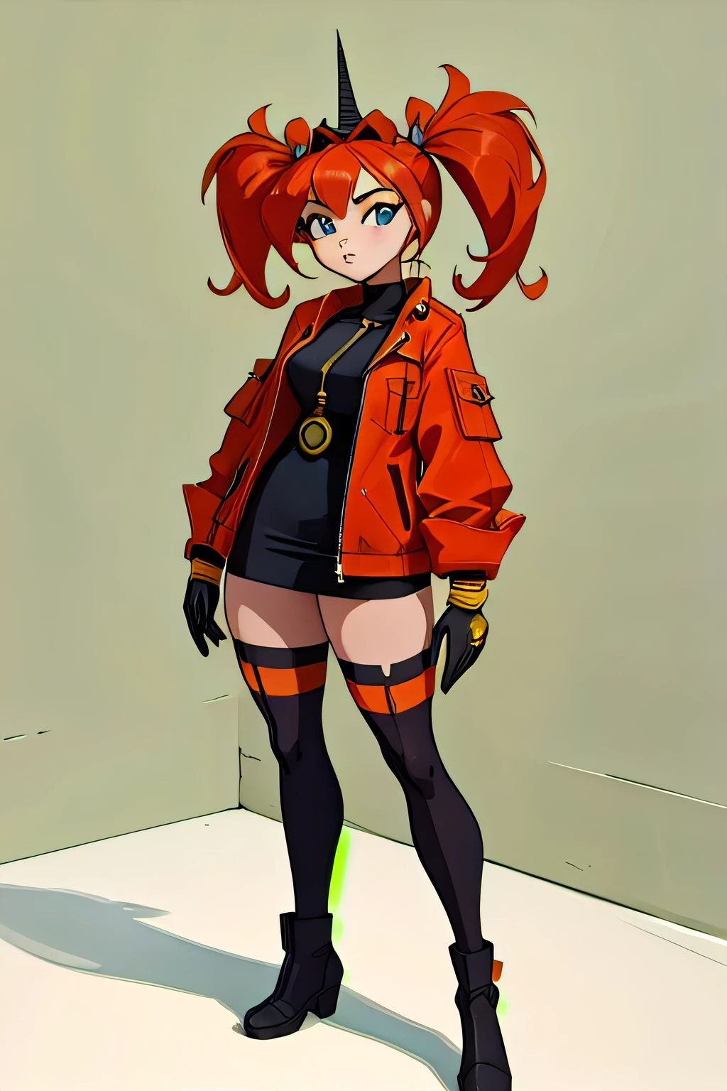 A highly detailed and realistic 3D model of a young woman standing confidently in front of an orange wall. She has red hair styled in twintails and blue eyes. She is wearing a red jacket over a black dress, black gloves, and thigh-high white socks. She has a pair of sunglasses resting on her head. The model should include subtle movement in her hair and the fabric of her jacket, as if a gentle breeze is passing through. The scene is set on a concrete surface with shadows cast on the ground, providing a realistic urban environment. The background should be simple and indoors with neutral colors. The model should be photorealistic and highly detailed, showcasing the character's stylish and modern look. Ensure that the model captures her confident posture and natural proportions, with special attention to the detailed outfit and accessories, model sheet, character design sheet, character sheet, full body