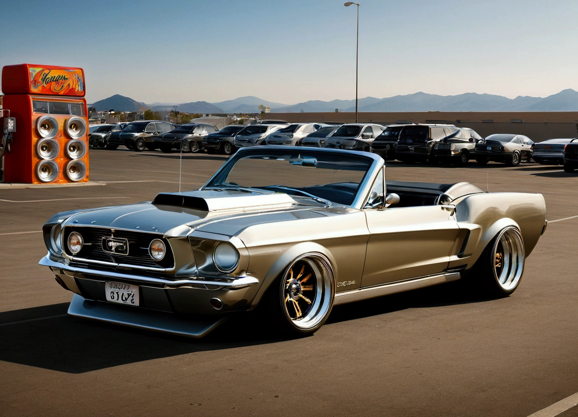 DIAGONAL CAMERA from the back and far away, full length image of a 1967 mustang fastback convertible hot rod, futuristic style, rounded corners, SILVER COLOR MIRRORED METALLIC reflective, METALLIC MIRROR SILVER COLOR, EXTREMELY POLISHED AND MIRRORED PAINTING, PAINTING reflects bright sunlight, Hot rod style , film style stalone cobra, the painting reflects the sunlight, reflection of light shine on painting, has a THICK AND WIDE wheel in the color GOLD star, has GOLD star color wheel, thick and ridiculously wide and turned sports wheels, GOLDEN AND POLISHED WHEELS, It has gold wheels, ridiculously lowered front suspension, IN A PARKING LOT IN FRONT OF A GAS STATION STYLE with neon, image in diagonal pose, hyper-detailed image masterpiece, whole image, The sun shines brightly on the car's paint., There's a beautiful 18 year old girl leaning against the car. ultra detaild, realisitic
