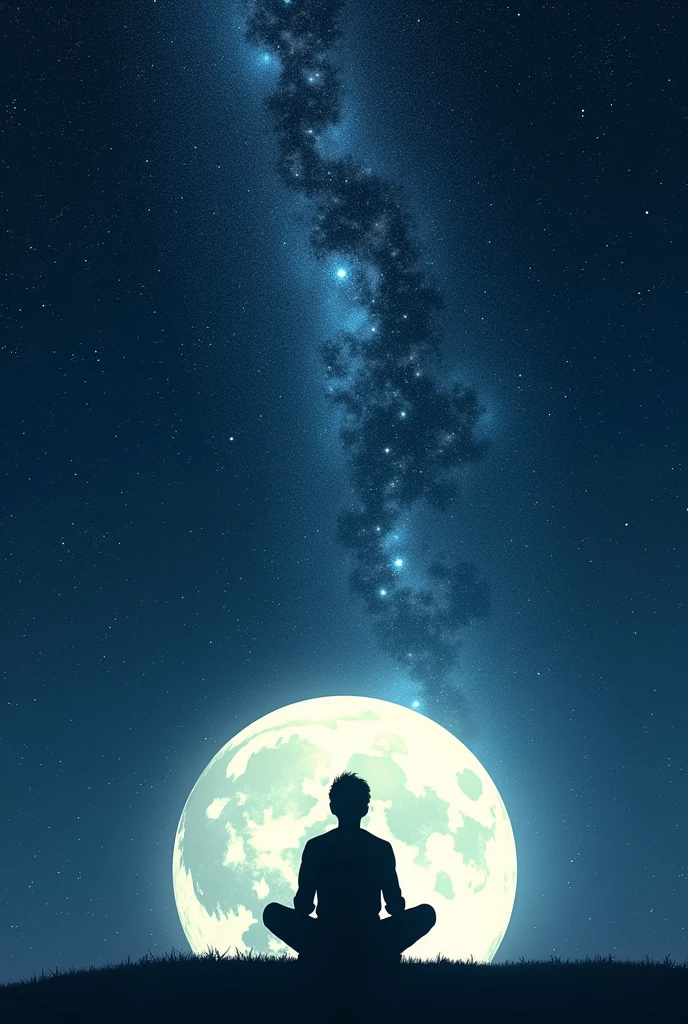 Silhouette of a person sitting at the edge of the moon, the moon should be at the bottom and centered in the image, gazing at the starry space and galaxies