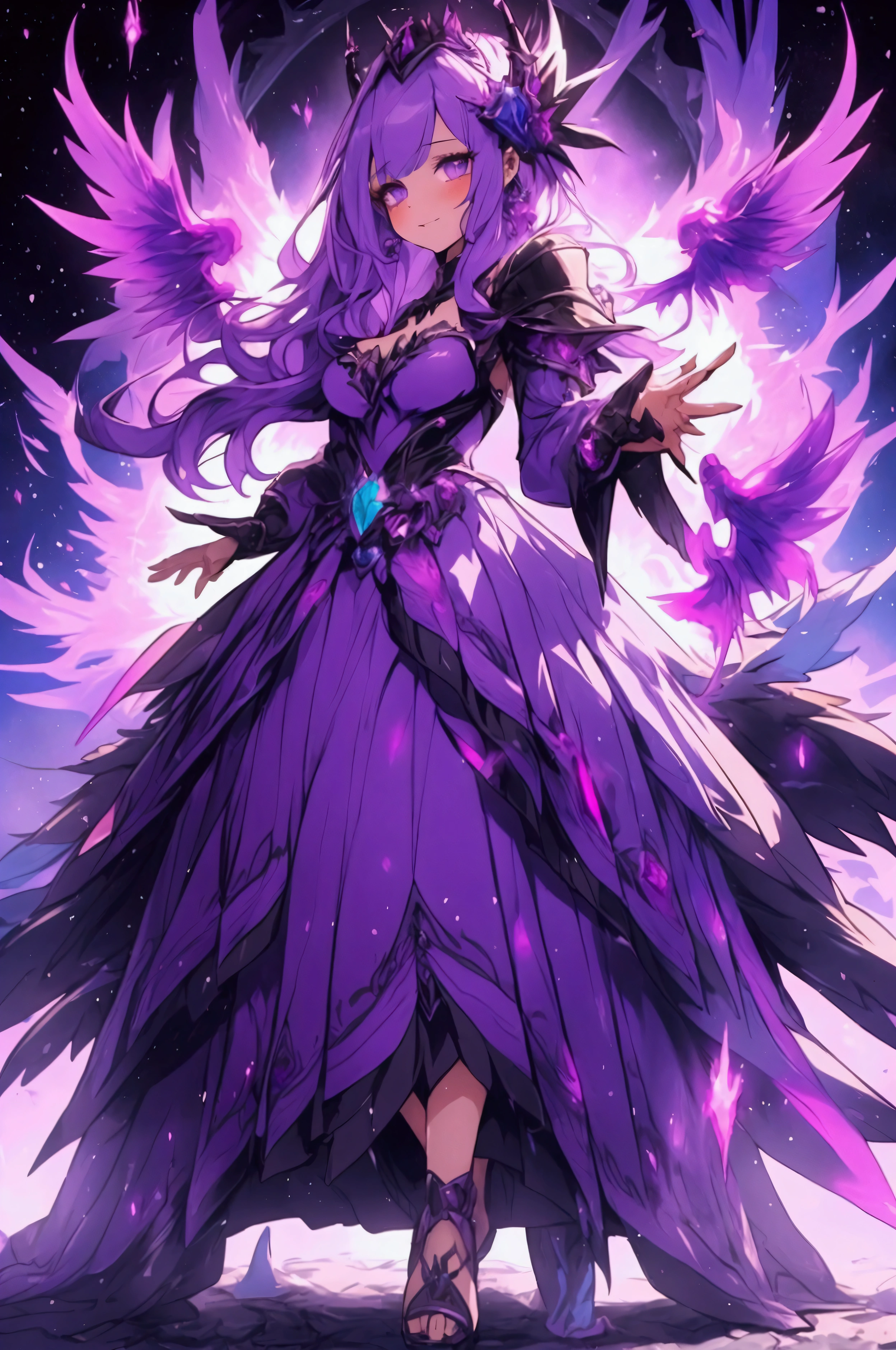 full body illustration of a female league of legends anime wizzard necromancer in purple gala dress with fluffy feathers, purple short hair, castle background, evil expresion