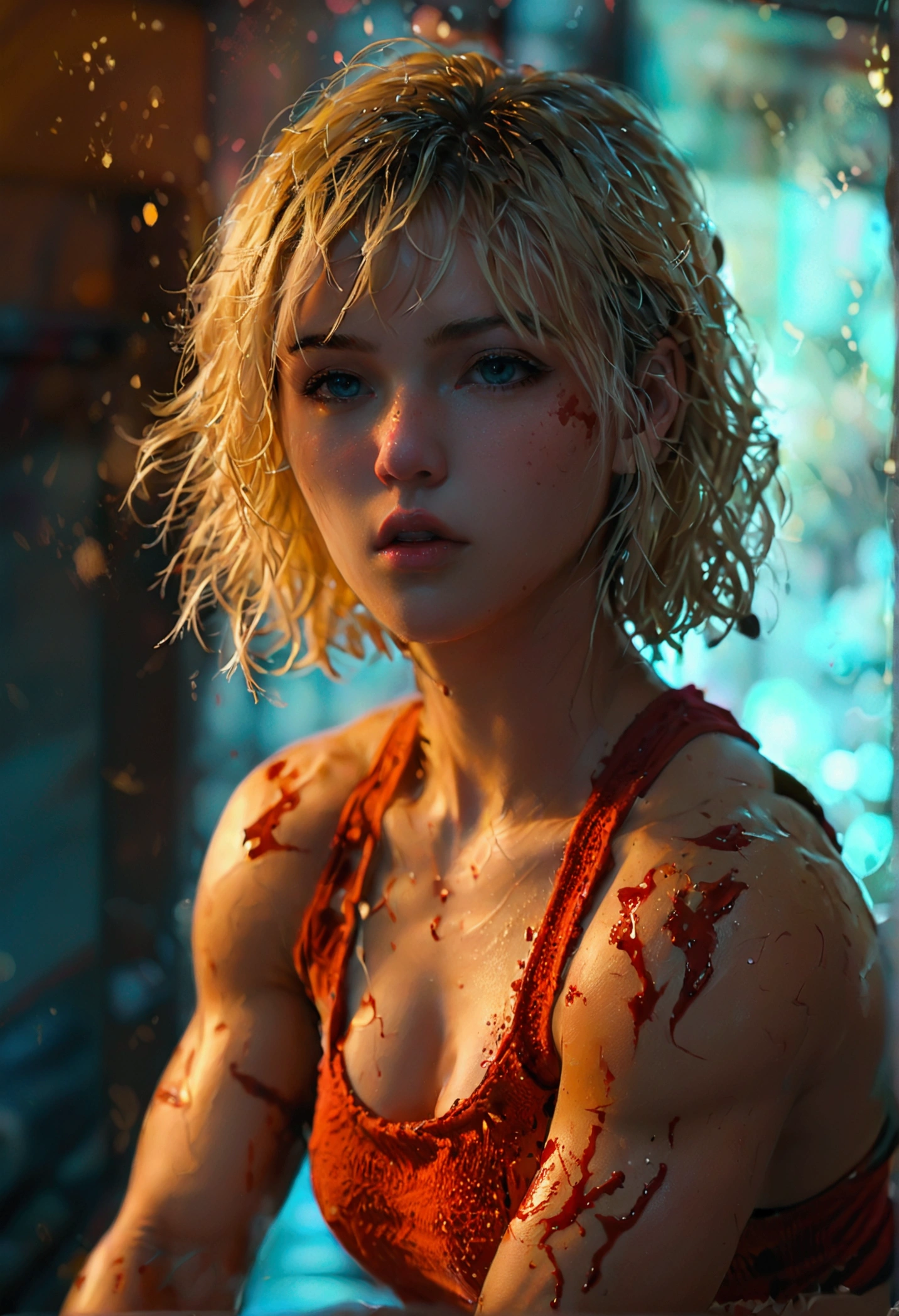 (Muscular:1.1), blonde female, bokeh, (freckles:0.8), upper body view, bokeh, detailed eyes, (athletic body:1.0), (muscular body:1.3), (looking at viewer) (Bulky:1.1), (swaggy), dark studio, rim lighting, two tone lighting, dimly lit, low key (DETAILED SKIN), very excited, sexual, kneeling, mma fight ring, masturbating, orgasm, collar, very large breasts, (little cutoff tanktop:1.5), hardened nipples, oiled skin, bob cut, covered in someone else's blood, bloody, she is my champion, she is looking down at the viewer