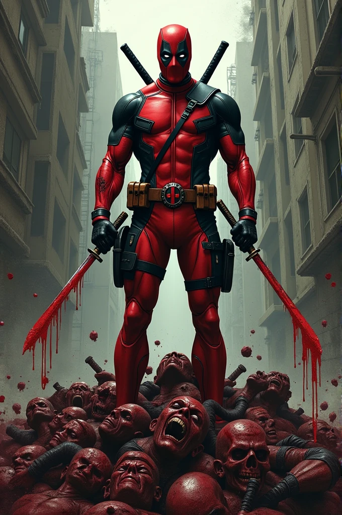 Deadpool posing on a pile of defeated enemies. In the art style of Yoji Shinkawa