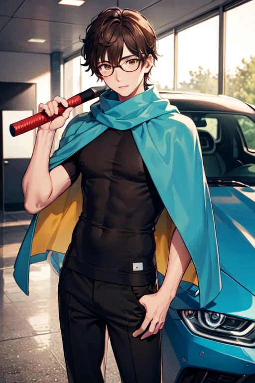 A boy with a sports car wearing a green sweatshirt as a cape and a scarf with brown hair and dark brown eyes with glasses next to gray pants holding a bat
