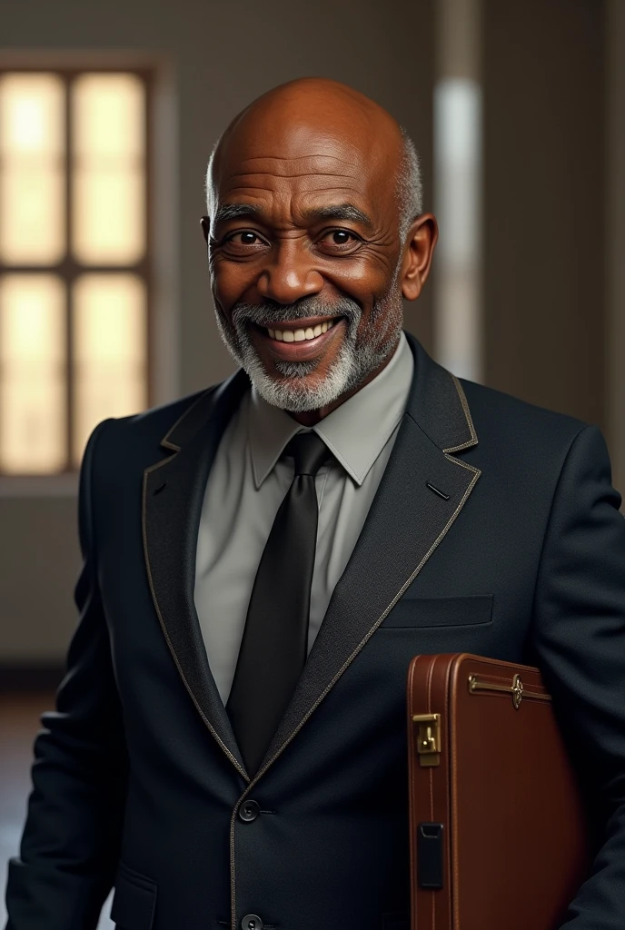 Black elderly man with a bald head
Striking smile
Afro nose
Brown eyes
Wearing a suit and carrying a briefcase
