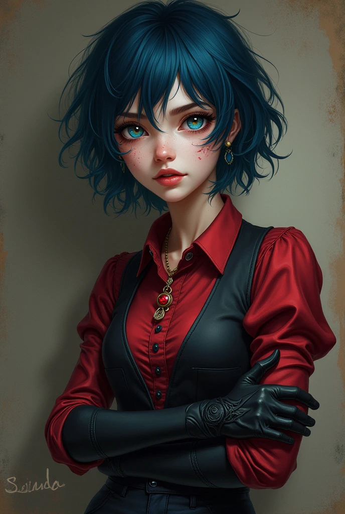 My youthful wife, has short, messy hair, dark blue color , big eyes with pool blue irises with amber drops, has a scar on her right cheek. Has a clear, soft and well-maintained skin, with several ritualistic scar and tattoo marks. The girl is dressed in a crimson dress shirt with black pieces, over a dark vest and dark blue pants that go with the look from below, as accompanying accessories Evelyn wears a single glove on her right hand and a pendant with a fake ruby in its center.
Personalidade:
Evelyne is very perceptive and creative, with a mind very open to knowledge (especially the forbidden), maintains an above average intelligence, with various aptitudes for different subjects. Muller brings with him a cheerful persona, nice, fearless and unshakeable for the people around her, hiding a more serious and analytical side when alone. acima de tudo, the girl has a great 'unshakeable' spirit, an unbreakable pride, a more 'resilient' vision, Evelyn is not afraid to look into the abyss and will not blink when it looks back, even gaining incurable scars she stands tall, thinking about how she will get new ones