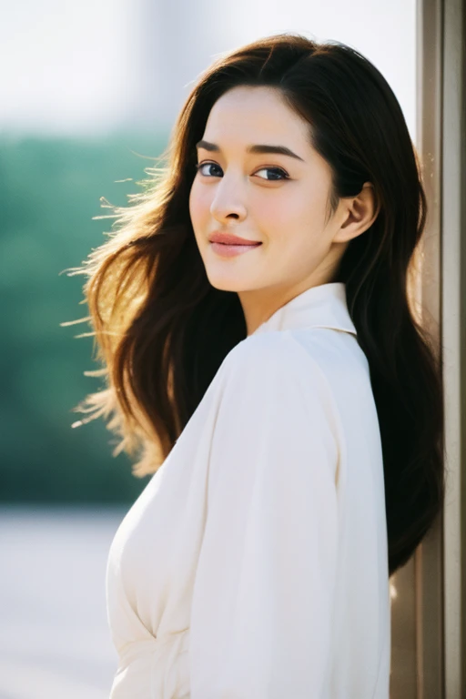 1girl, quite a bit body, Realistic photograph best quality portrait of a beautiful gorgeous young cute Asian woman, 21yo., looking at viewer, detailed face, Realistic texture human skin, very beauty long and slender bright glowing face, droopy hooded eyes, wavy nose, full wide lips, close lips wided smile, wind tousled ponytail, studio portrait, (((young Marion Cotillard blended face mixed with young Anne Hathaway))), wearing white wuxia clothing, hand up to swing up hair, flirting smiling portrayal, ethereal girl, intimate lighting sturdy, real photo, brown eyes, best quality, masterpiece, Leica SL3, Summicron-SL 75mm ASPH, F/1.8, (cinematic still:1.2), Film Never Die Kiro 400 film, bokeh, rim lighting, silhouette, shallowed depth of field,