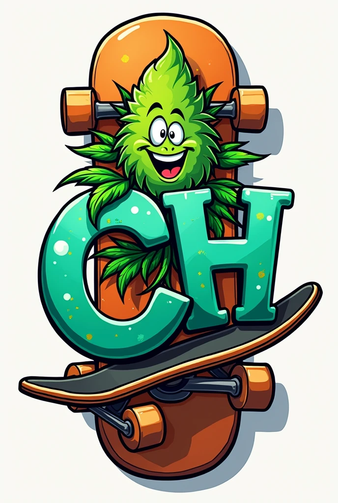 Can you create a cool marijuana plant logo on a skateboard with the letters CH in a cartoon style?