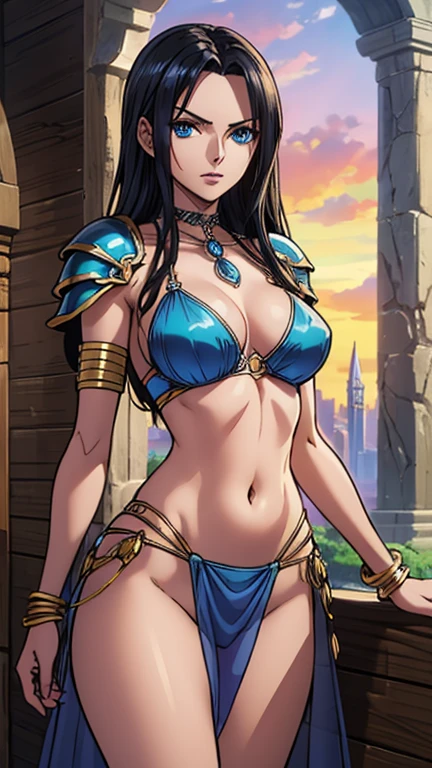 (1girl, Aspen_M, dark hair, blue eyes), (extremely detailed CG unit 8k wallpaper),(master part), (best quality), (ultra detail), (best illustration),(One Piece Style), cowboy shot, (Sharp eyeliner, ombre, detailed eyes:1), medieval ruins background, break , upper body, armor,anklet, armlet, jewelry, bikini, bikini armor, pauldrons,
loincloth, pelvic curtain,see-through,