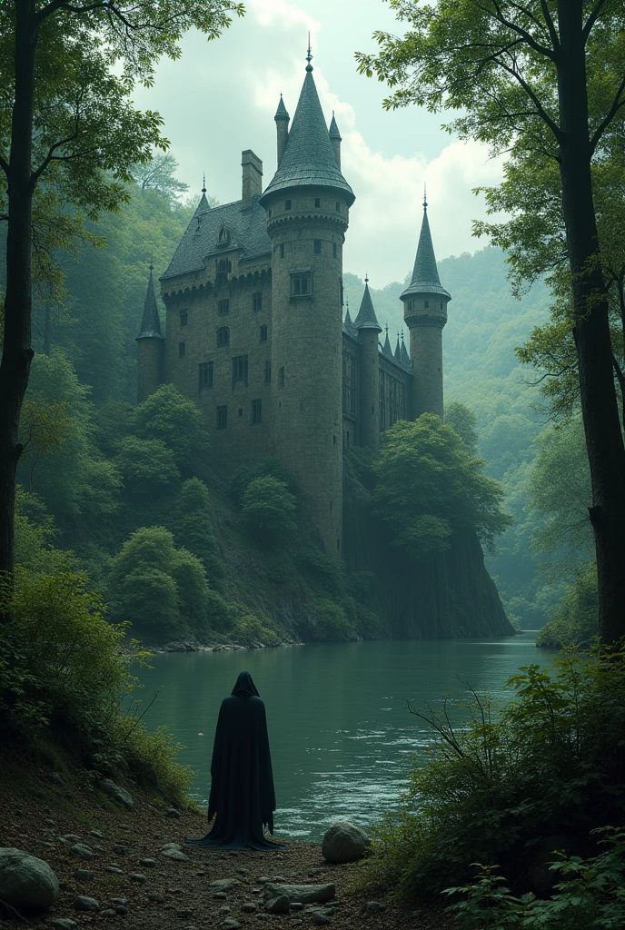 A castle in the middle of the forest with a river. The castle is abandoned and full of mud. A mysterious man in a black cloak is hiding in the trees