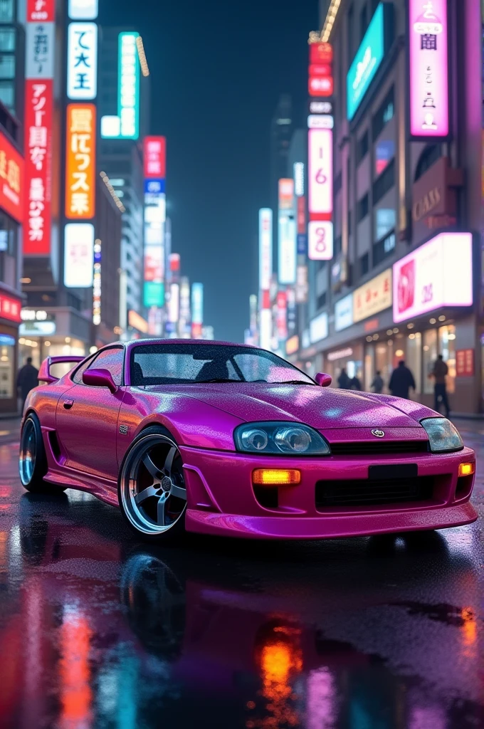 Generate a purple and faded pink Toyota Supra MK4 in a 1980s Japan environment 