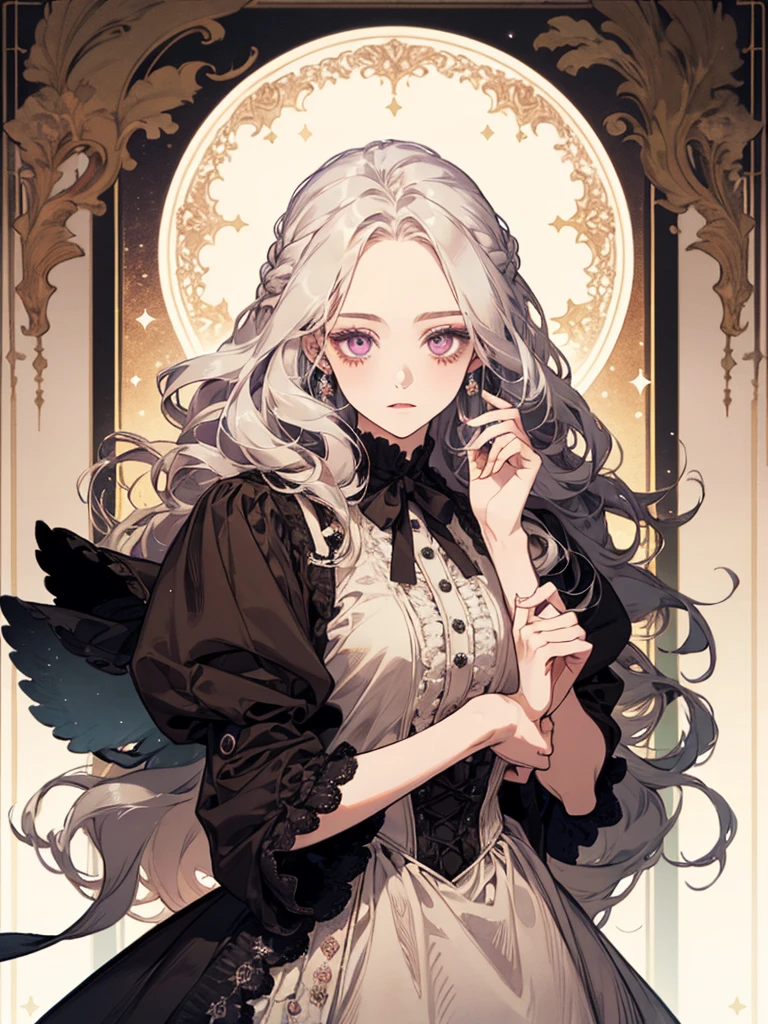 ((Highest quality)), ((masterpiece)), (detailed),White Hair、Super Long Hair、Strong curly hair、Curly hair、Vertical Roll、curly hair、Violet eyes、Beauty、Noble daughter、Dainty dresses、elegant、Victorian pastel-colored dress、beautiful girl、calm、clear、The forehead is protruding、One person