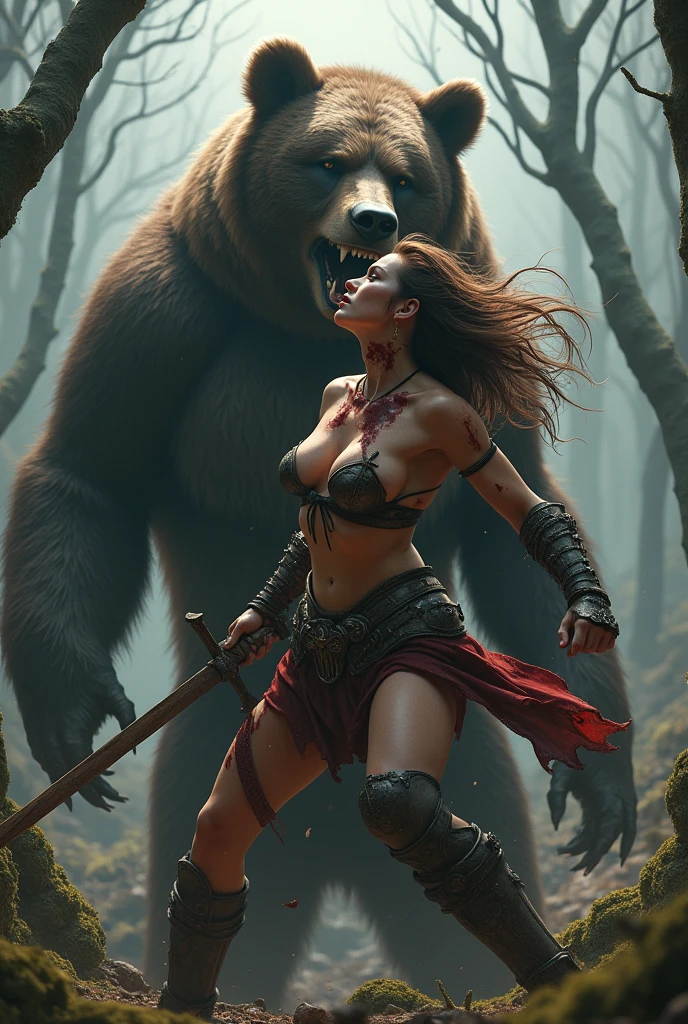 350463809 sexy warrior, breasts showing, battle skirt, in a gloomy environment, devastated forest, ultra realisitic, 8k, hair and face with blood, very detailled, struggling pose, fighting a bear