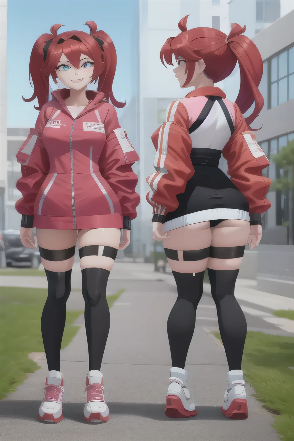 Alice,twintails,red eyes, blue hair, smirk, pink overall shorts, white shirt, white knee pads, pink shoes, pink jacket, upper body, smile, standing, outdoors, city, (insanely detailed, beautiful detailed face, masterpiece, best quality) A highly detailed and realistic 3D model of a young woman standing confidently in front of an orange wall. She has red hair styled in twintails and blue eyes. She is wearing a red jacket over a black dress, black gloves, and thigh-high white socks. She has a pair of sunglasses resting on her head. The model should include subtle movement in her hair and the fabric of her jacket, as if a gentle breeze is passing through. The scene is set on a concrete surface with shadows cast on the ground, providing a realistic urban environment. The background should be simple and indoors with neutral colors. The model should be photorealistic and highly detailed, showcasing the character's stylish and modern look. Ensure that the model captures her confident posture and natural proportions, with special attention to the detailed outfit and accessories, character design sheet, character sheet, full body,