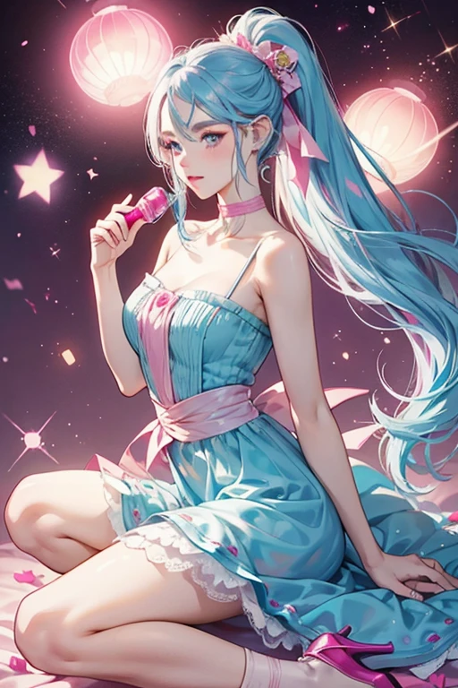 Jascenta has the same makeup and eyes, with additional eye-shadow and a streak of pale blue in her ear. Her cheeks have a rosy blush. Her long, smooth light blue hair is pulled back into a long straightened ponytail held by a large fuchsia ribbon holding a blue gem-like bottle of perfume. She wears a blue dress with a perfume bottle at the center of her chest and a strap of pale pink beneath it. On her skirt are fuchsia and pale pink details, and her lower skirt is fuchsia with a pale pink dot and sparkle pattern around the top. Around her neck is a fuchsia ribbon, and she wears pale pink tights and translucent, glass-like heels.  SPARKLE; GLITTER