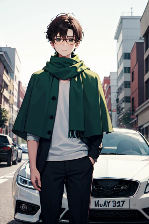 A boy with a sports car wearing a green sweatshirt as a cape and a scarf with brown hair and dark brown eyes with glasses next to gray pants holding a bat