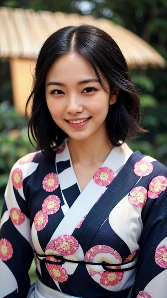 (1 woman:1.99)、(Wide forehead、Very short hair、Very small amount of hair、Forehead、Fuji frame:1.1)、Sunburn、、Naughty、Happy expression、満面のsmile、Weakness、love、I feel very comfortable alone、(She's smiling as she talks、yukata、sheet: 1.5),((Very sleepy、Improves skin texture,smile、Narrow eyes、Very weak eyesight、Very weak eyeliner、Eyes slightly closed、I know the shape of your head、Oval Face))、(slicked back hair:1.25)、(16K、Photographic, Raw photo, Mastepiece, Highly detailed photos, Digital SLR, Best Quality、Photorealistic:1.4), Super hello nothing, (Both eyes open、tilting your head:1.3)、(whole body:1.7)