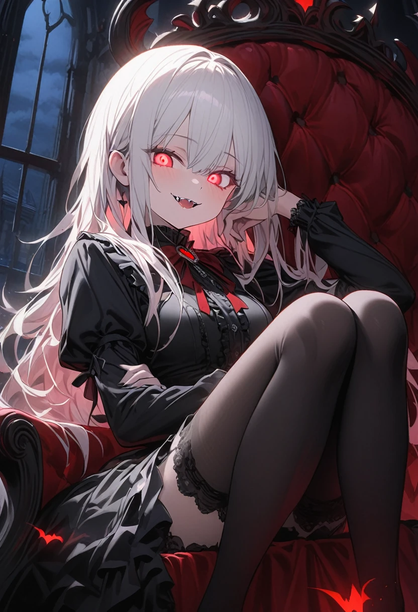 A female vampire with white hair,Tall posture,Capture your whole body on camera,Sitting on the throne,look down on all beings,Red glowing eyes,Huge multi-layered pupil with color gradient,Lift your head,A student gazing at the camera,Grinning smile,The vampire's fangs are bared at the corners of her mouth,A smile of contempt,A gothic ta outfit,15D black stockings,Sit with your legs up,Lean on the arm of a chair,Upper body resting on an armrest,One hand resting on the armrest of a chair、Supports the cheeks,Pupil Highlights,The characters are rich in detail,Delicate facial depiction,Delicate depiction of clothing,Delicate Gestures,Cool Tones,night,Inside the pitch-black castle,Huge floor-to-ceiling glass windows,Cold moonlight from the window illuminated the ground.,The interior is mostly dark,Backlight,Image sharpening,colorful,The character is very sharp,16K,Advanced photography,Rich in details