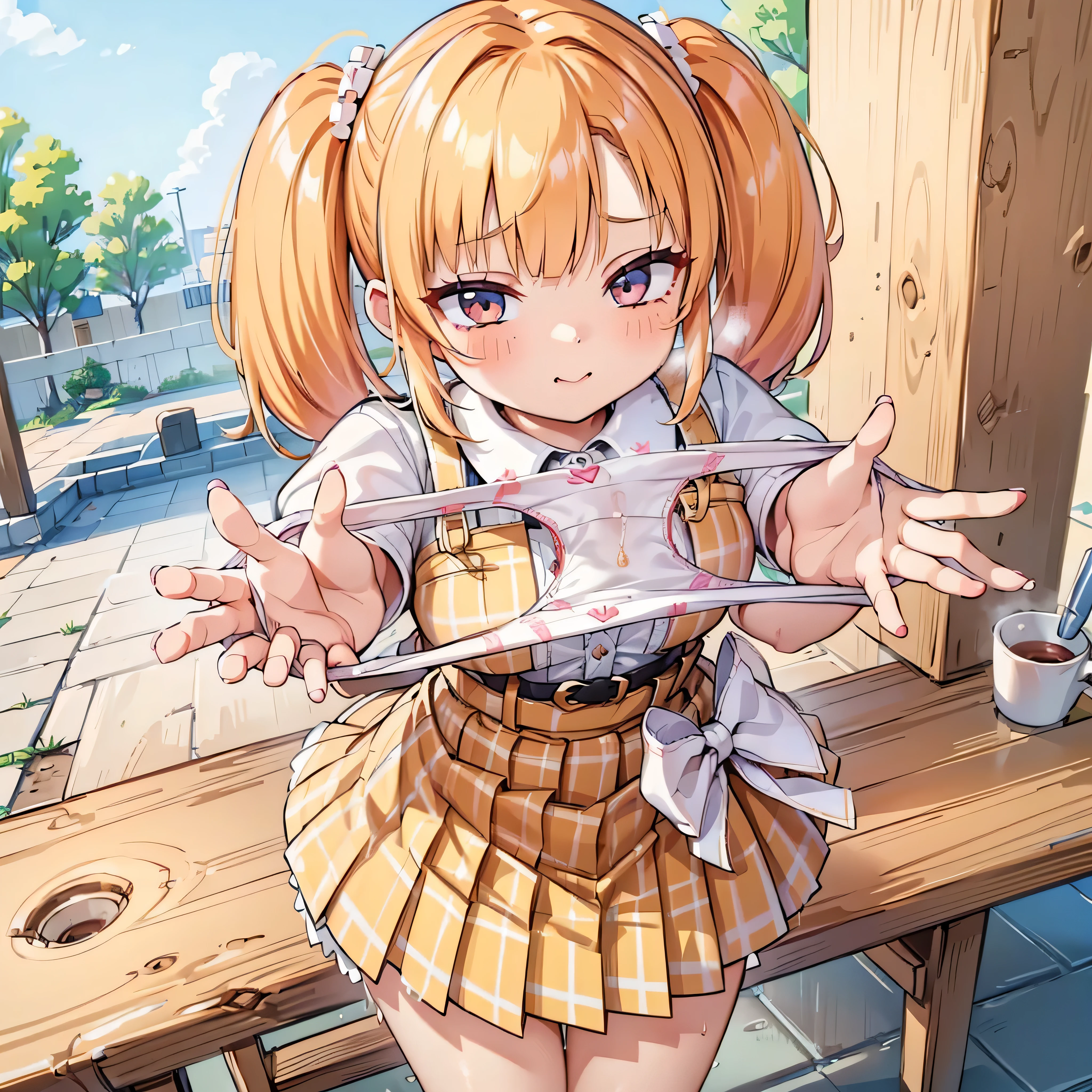 blonde, {{{Half Twin Tail:1.3}}}、shirt, blush, white shirt, hair ornaments, Manicure, Checked skirt, Pleated skirt,
,Pay attention to the panties,
Looking down,View your viewers,Panties as a gift,Tabletop, Highest quality, Perfect Skin, Detailed skin texture, Very detailed, 8k, Intricate details, Beautifully detailed face,High resolution,
Looking down at the viewer, masterpiece, (Panties are stained with pee)、(Pussy、Love Juice)、(body odor),Perfect hands,(((1 girl,alone)))