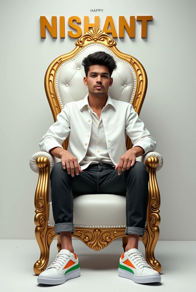 Create realistic illusion image A 20 years old boy is sitting on a king chair wearing white denim and black jeans and white sneakers with indian tricolout orange white and green and behind him the color of the wall is white on which “NISHANT” is written in golden. and also written Happy Independence Day” in clear letter written on small size on bottom