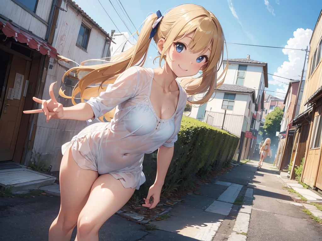 realistically, 1 girl, Twintail hair, brown eyes, glowing eyes, white short skirt, Blush, daytime, Wet from the rain, see through, Knee hug, Strapless shirt, nipples, Sit with your knees raised., armpit, cleavage, panty, outdoor, 18 years old, pussy reveal, crotch