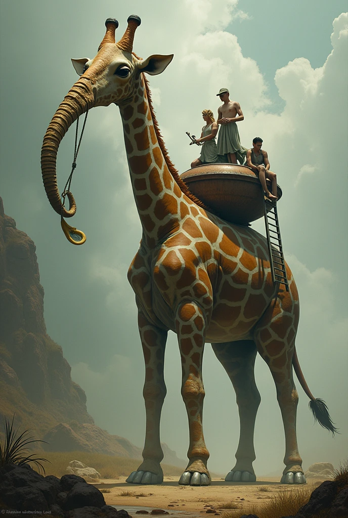 an image of a giraffe with an elephant trunk, a basin on its back and a ladder on its neck, carrying people.