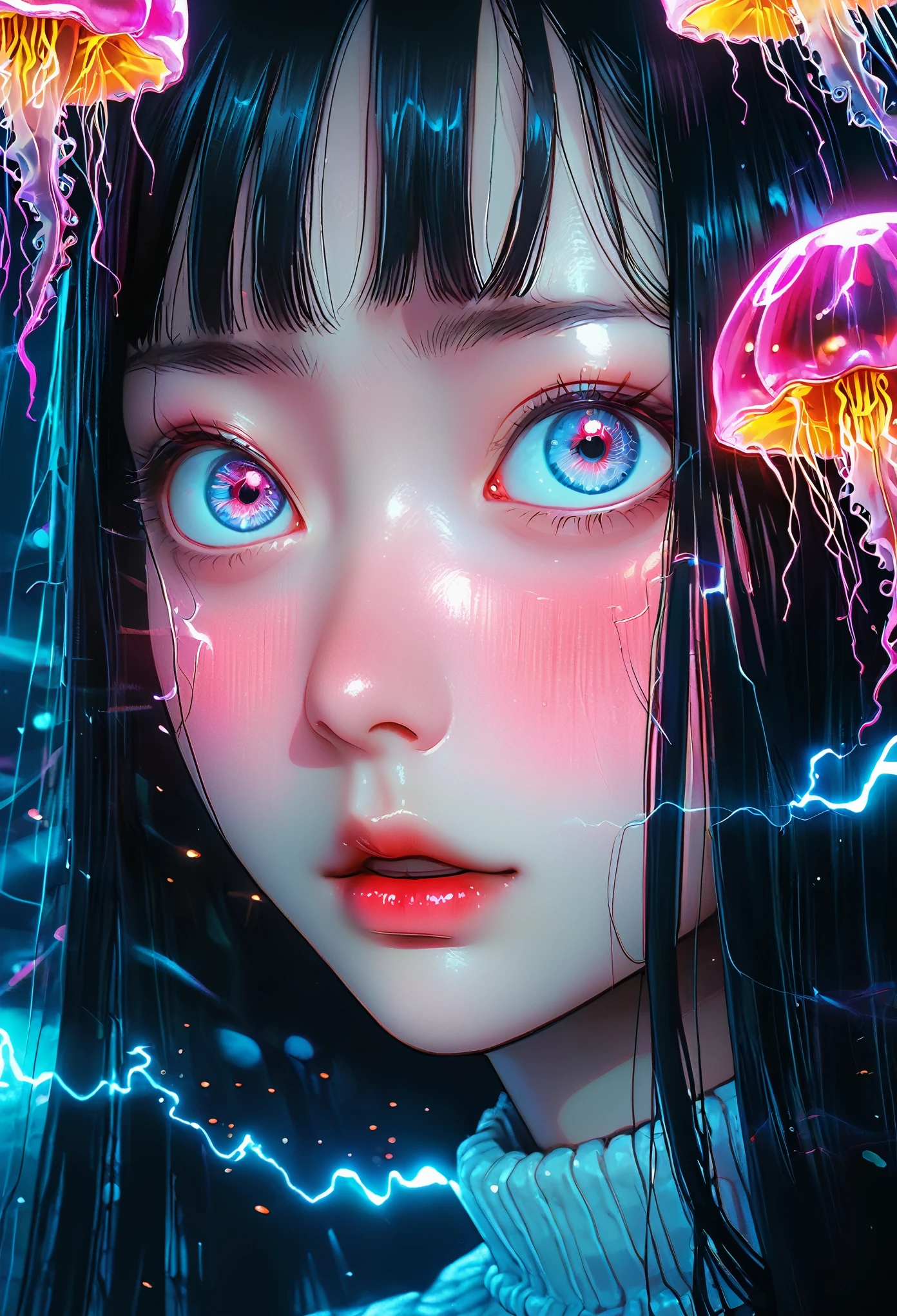 surreal horror, anime style, directed by Junji Ito, high contrast, vivid colors, eerie atmosphere, psychological tension, intricate line work, electric jellyfish