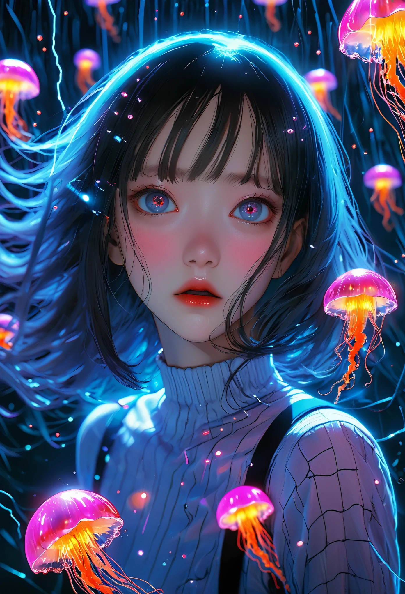 surreal horror, anime style, directed by Junji Ito, high contrast, vivid colors, eerie atmosphere, psychological tension, intricate line work, electric jellyfish