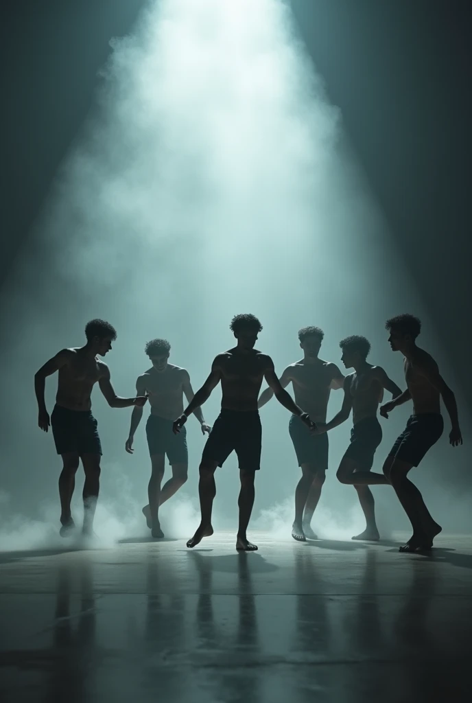 create a group of 6 silhouettes of young-adult men dancing in the shadows they are looking forward, cant see any details of them, with smoke in the ground; they are in a empty show stage