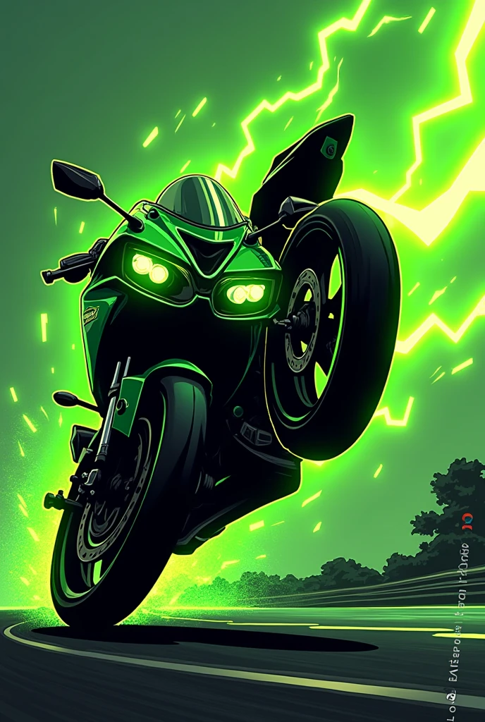  The black silhouette of the green lightning bolt in the shape of a Kawasaki Ninja 300 motorcycle with a displacement of, falling on the track, The bike is in profile and under the surface it says "Green ray" "You don&#39;t need wings to fly" in Spanish, It's a cartoon and eye-catching 