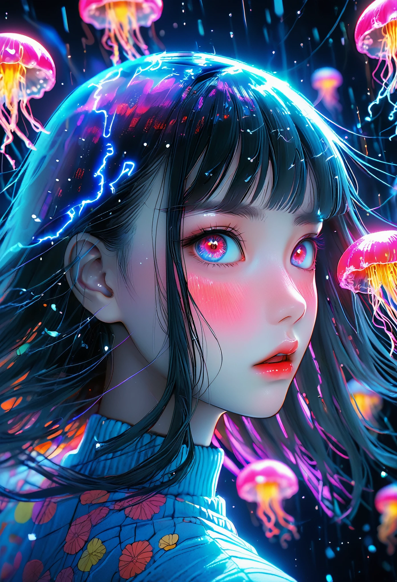 surreal horror, anime style, directed by Junji Ito, high contrast, vivid colors, eerie atmosphere, psychological tension, intricate line work, electric jellyfish