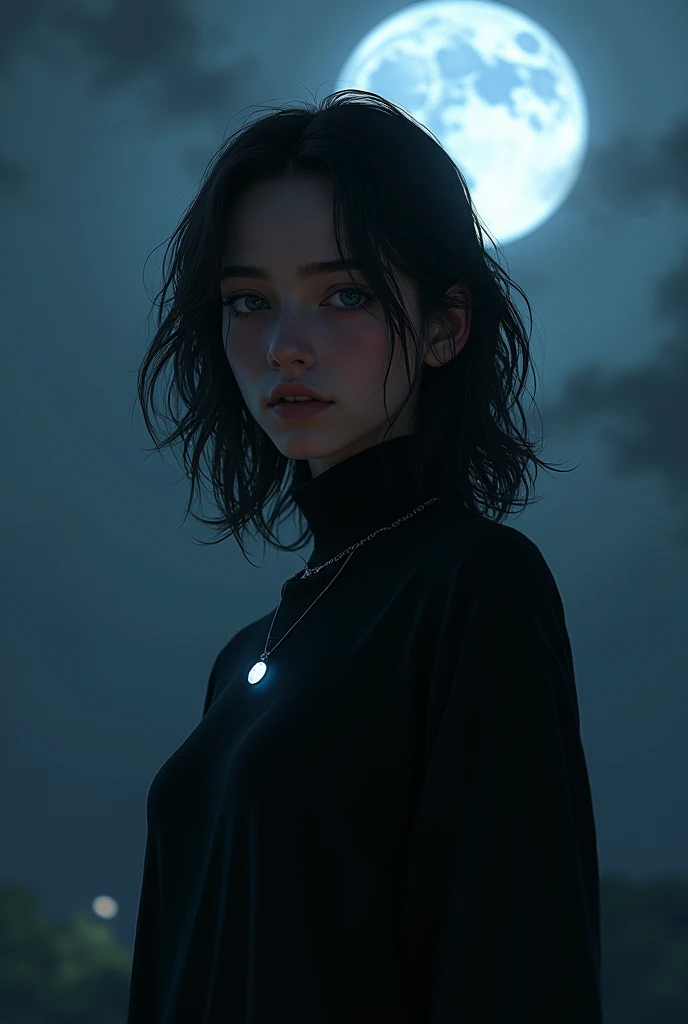 Young Brazilian alternative grunge style human with normal clothes fascinated by Greek mythology and supernatural creatures, deep connection with the dark forces of the night, Horror and mystery RPG set in modern times, the basic image, occultist, medium size hair, moreno claro , very clear skin, moonstone necklace, at night with the moon, minimally happy, wearing a black turtleneck sweater with long sleeves