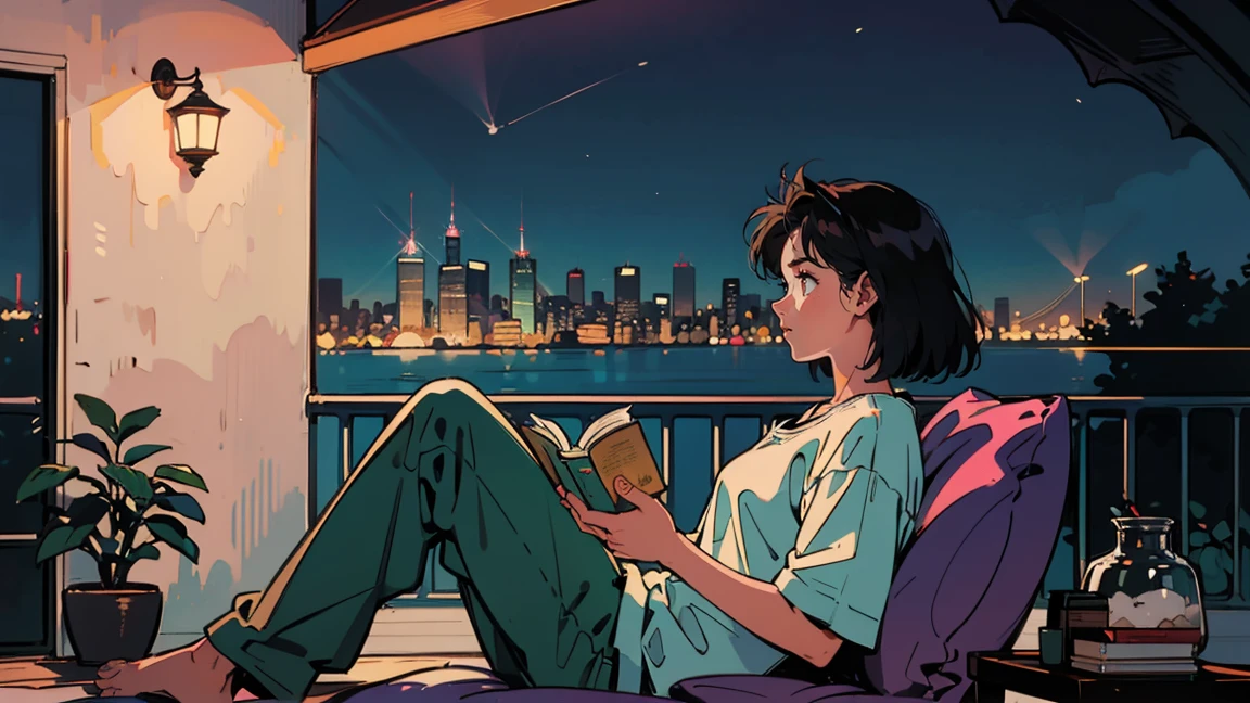 Highest quality, 8k, 1990s style,Hairstyles of the 2010s, 21 year old girl, Black Hair, Bob Hair, Light brown eyes, City Pop, pants ,Night view of the sea, Relax on the veranda、,Reading a book, whole body,  Relax Coffee,profile