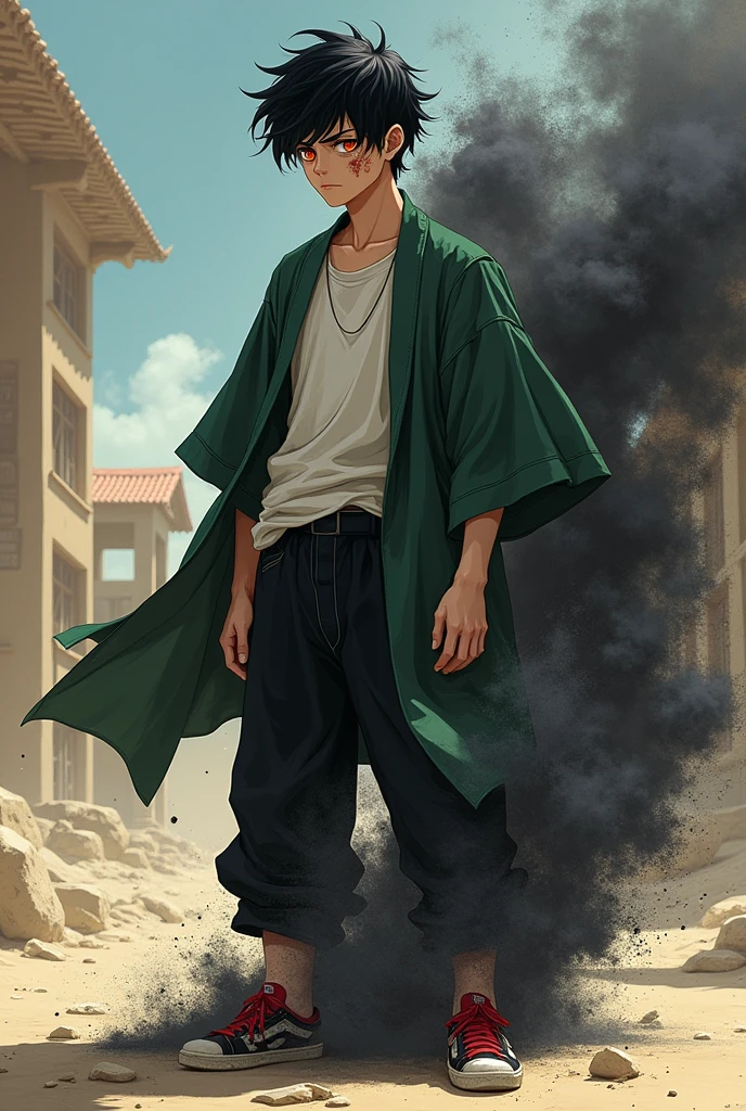 Create an illustration of an 18-19 year old boy,short black hair with orange eyes, burn scar on the left side of the face, skin fair, wearing an open green haori, white undershirt, black pants and a pair of red and black sneakers, transforming his right side into black sand and manipulating a black sandstorm.