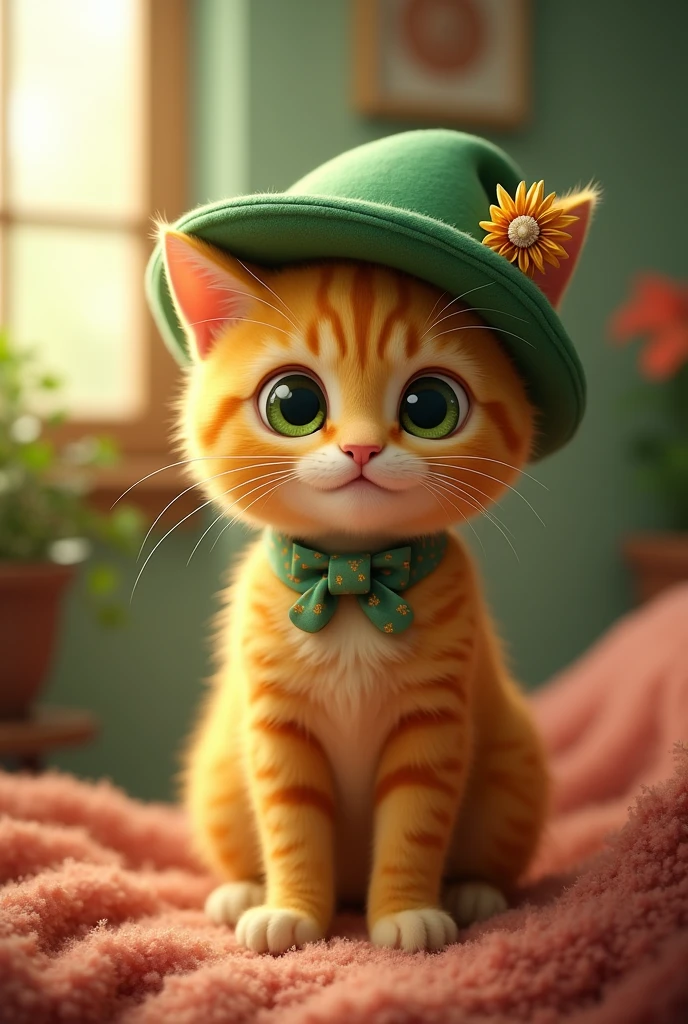 A yellow cat with a green hat



