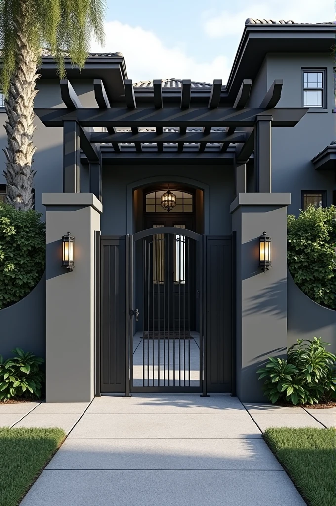 Create a house facade, closed swing gate in dark gray, a social gate on the right side of the swing gate. The wall on the right side of the social gate, dark gray wall.
Pergola on top of the swing gate with satin black hardware, dark gray painted sidewalk.