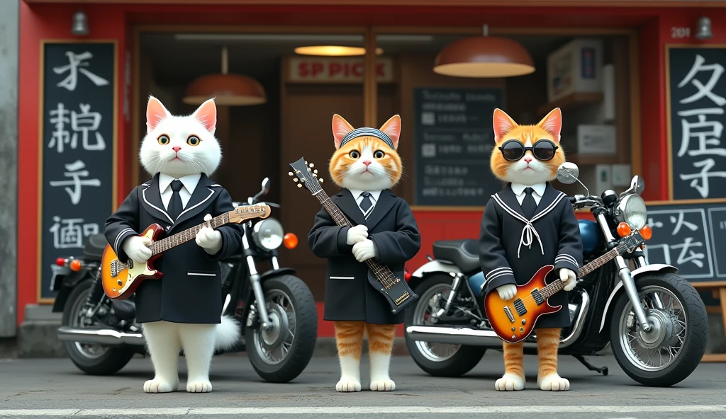 Real、live-action。White Cat:
Type: White cat
uniform: Black male student uniform (gakuran) with a white headband
Accessories: Holding a guitar
Pose: Standing confidently next to a motorcycle
Expression: Proud and self-assured
Tabby Cat (Mackerel Stripes):
Type: Tabby cat with mackerel stripes (Kijitora)
uniform: Female student uniform (sailor fuku)
Accessories: Guitar slung over her shoulder, holding a school bag
Pose: Thoughtful expression
Expression: Reflective and introspective
Ginger Tabby:
Type: Ginger tabby (liar)
uniform: Black gakuran
Accessories: Sunglasses, headband, holding a vintage electric guitar
Pose: Standing confidently next to a smaller motorcycle
Expression: Cool and rebellious
Background:
Setting: Retro Japanese store front
Details: Handwritten chalkboard signs, motorcycles parked outside
Atmosphere: Nostalgic, slightly rebellious, reminiscent of classic Japanese 'yankee' style from the Showa era