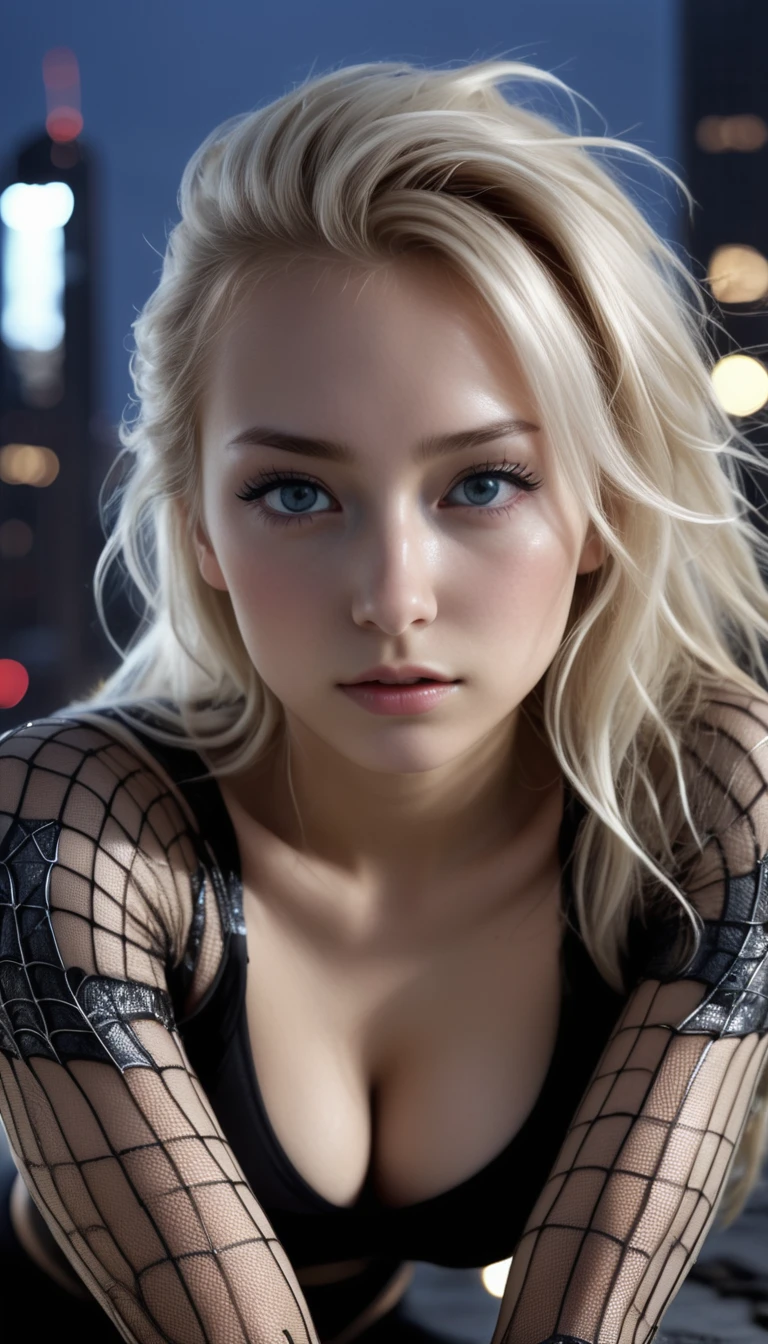 Nighttime, darkness, shadows, 1girl, spider suit, spider web print, spider web, spider-girl, ultra modern, black and silver mesh pattern, exposed sections of body, Masterpiece, gorgeous 18 year old norwegian girl.
fine details, HDR, ((highly detailed face and eyes)), photorealistic,, focus on the eyes,, standing on the roof of a skyscraper,
looking at the viewer, blonde hair, mohawk, background of New York buildings at night,
sultry expression. Darkness. Romantic, edgy and gritty. Cool. sexy pose, low side lighting. exposed leg, exposed stomach, exposed shoulders, crouched superhero action pose. ((huge boobs show hard nipples))