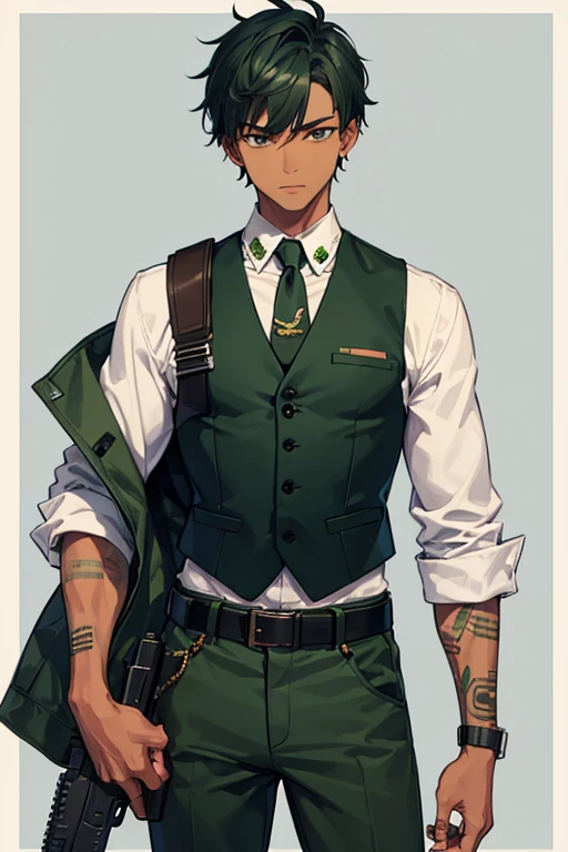 man in his 13s African American with a slim build open muscles military uniform green vest military print green pants black hair black eyes black skin tattoo holding a gun