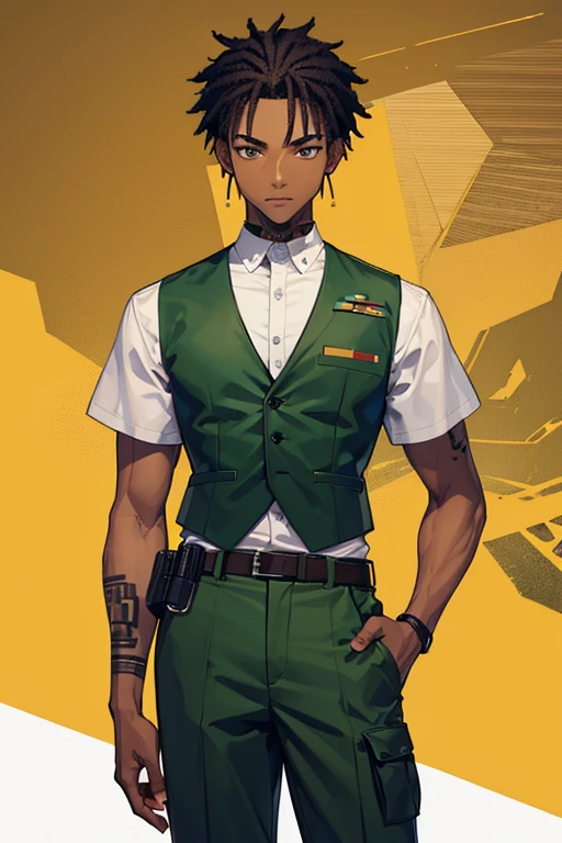 man in his 13s African American with a slim build open muscles military uniform green vest military print green pants black hair black eyes black skin tattoo holding a gun