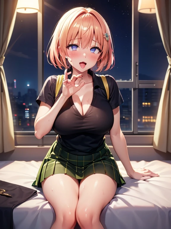 masterpiece, absurdres, best quality, ultra detailed, high Resolution, detailed illustration, bright colour, (extremely beautiful detailed face and eyes, Delicate beautiful face, 1 girl, cute face:1.3), (magenta eyes:1.1), sparkling eyes, big eyes, medium breasts, (perky breasts:1.1), (pointy breasts:1.1), medium hips, glamorous body, white skin, BREAK, long bob cut, (blonde hair:0.8), messy hair, detailed hair, shiny hair, BREAK (bratop, down blouse, skirt:1.5), perfect lighting, (embarrassed:1.5), (ecstasy, vulgarity:1.5), (trembling:0.8), Night Road, squatting,