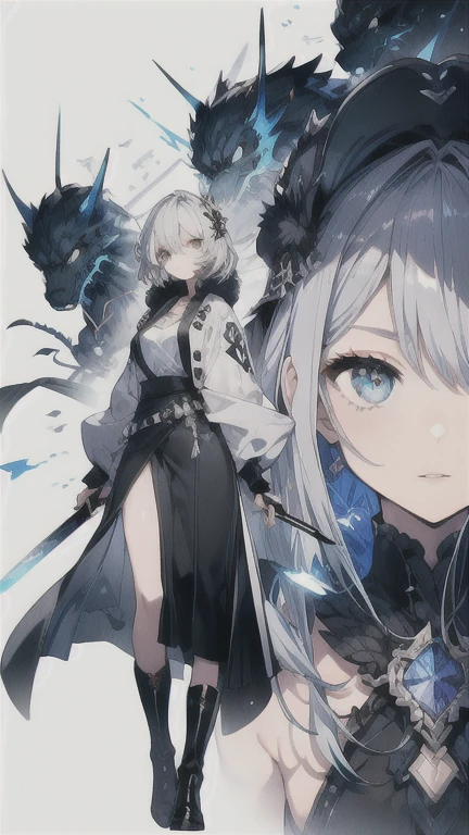 high resolution、High resolution、sharp lines、Girl、Futuristic black sword、Black clothes、Bondage、fine hair、Hiding one eye with hair、Sharp Eye、Jewel-like eyes、White background、Fantastic colors、Near future、Facing forward、Small face、Small breasts、Attractive lips、whole body、Long legs、From head to toe、Beautiful legs、Character portrait、They are equipped with weapons.、Armament、A serious face、Black boots、Character portrait、Sharp lines、Clear line art、Standing with your legs apart、9 heads