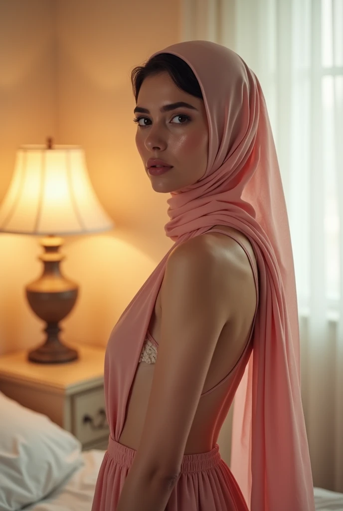 beautiful woman standing in bedroom naked, woman wearing pink hijab, small breast, short body, small waist, small thigh, ultra detailed skin, ultra detailed cloth, wet face, lampshade, ultra high quality, bright lighting,