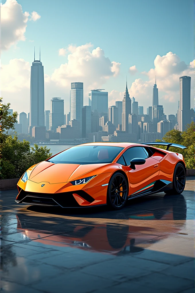 An orange Lamborghini sports car on a background of a beautiful city